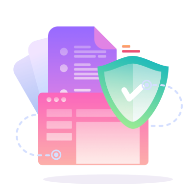 icon-browser-shield-files-large-2.png Illustration von mehreren abstrakten Benutzeroberflächen mit einem großen grünen Schild und einem Häkchen als Symbol für Sicherheit oder Datenschutz. Screenshot aus einem Website-Editor mit sichtbaren Containern und der Schaltfläche ‚Edit in Live Composer‘. Kleingewerbe, Rechnungen schreiben für Kleingewerbe