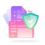 Illustration von mehreren abstrakten Benutzeroberflächen mit einem großen grünen Schild und einem Häkchen als Symbol für Sicherheit oder Datenschutz. Screenshot aus einem Website-Editor mit sichtbaren Containern und der Schaltfläche ‚Edit in Live Composer‘. Kleingewerbe, Rechnungen schreiben für Kleingewerbe