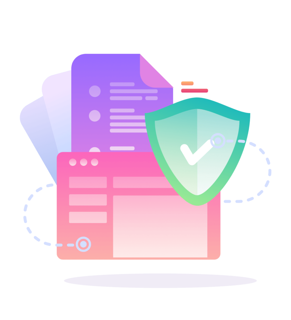 Illustration von mehreren abstrakten Benutzeroberflächen mit einem großen grünen Schild und einem Häkchen als Symbol für Sicherheit oder Datenschutz. Screenshot aus einem Website-Editor mit sichtbaren Containern und der Schaltfläche ‚Edit in Live Composer‘. Kleingewerbe, Rechnungen schreiben für Kleingewerbe
