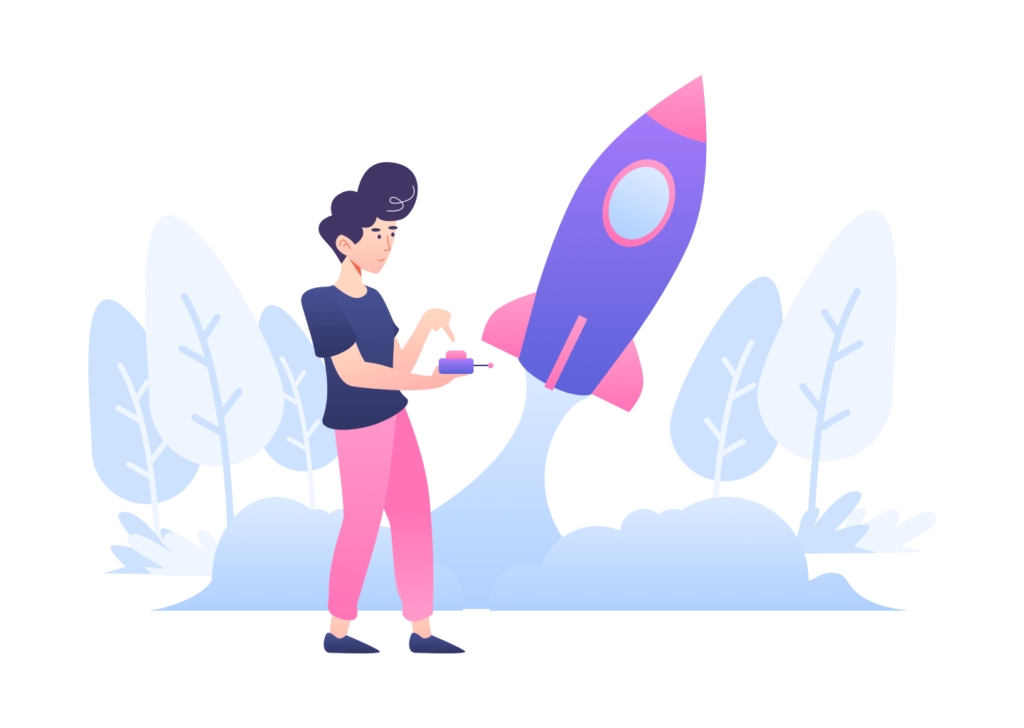 Illustration einer Person mit Tablet vor einer startenden Rakete, umgeben von stilisierten Bäumen auf einem violetten Hintergrund. Auf dem Bildschirm ist ein Website-Editor mit mehreren Containern und Bildern zu sehen. rechnungssoftware E-Rechnungen, Online rechnungen schreiben, Rechnungsvorlage E-Rechnungen schreiben