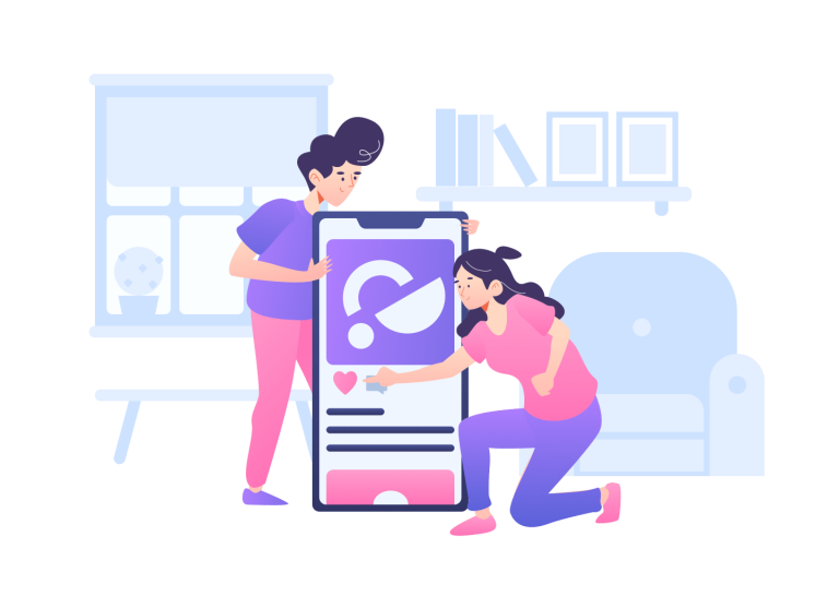 llustration von zwei Frauen, die gemeinsam vor einem großen Bildschirm mit Synchronisationssymbol arbeiten, im Hintergrund ein Sofa und ein Regal – Darstellung digitaler Zusammenarbeit für Kleinunternehmen. Preise, Rechnungen schreiben programm